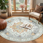 Area Rugs 4ft Washable Non-Slip, Floral Vintage Distress Print Pattern Medallion Carpet for Living Room Bedroom Dining Room, Light Yellow Carbon Grey Orange