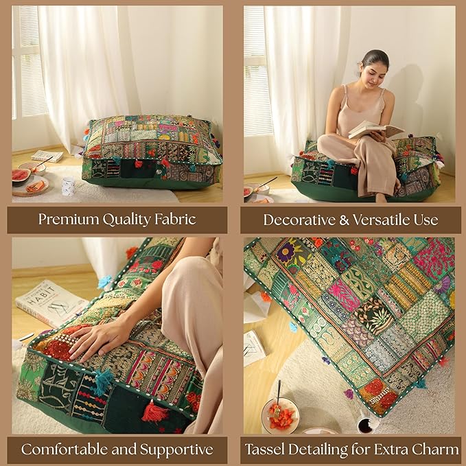 THE ART BOX Cotton Patchwork Vintage Boho Embroidered Floor Pillows & Cushion Cover Dog Pouf Seating Pouf Meditation Pillow Pet Bedding Cat Bed Boho Home Décor (35x35 Inches, Cover Only)