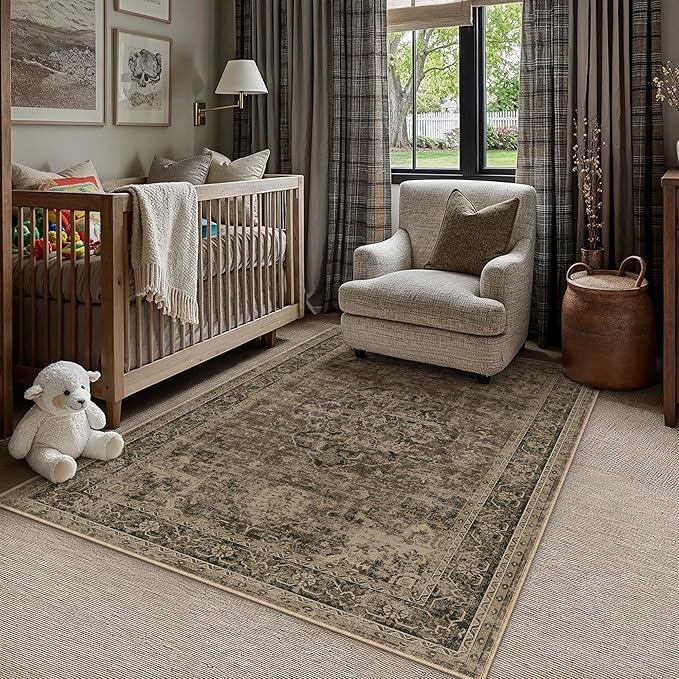 Entryway Area Rug 3x5 Washable Brown Vintage Distressed Carpet Oriental Soft Thin Indoor Rug for Office Non Slip Low Pile Throw Rug for Kitchen Bathroom Bedroom Dining Living Room
