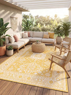Rugs.com Outdoor Aztec Collection Rug – 4' x 6' Yellow Flatweave Rug Perfect for Living Rooms, Large Dining Rooms, Open Floorplans