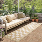 Vasofe 2x6 Runner Rug for Hallway, Washable Checkered Jute Rugs, Outdoor Indoor Patio Porch Balcony Bedroom Kitchen Laundry Geometric Mat, Non Slip Plaid Farmhouse Design Carpet, Khaki and White