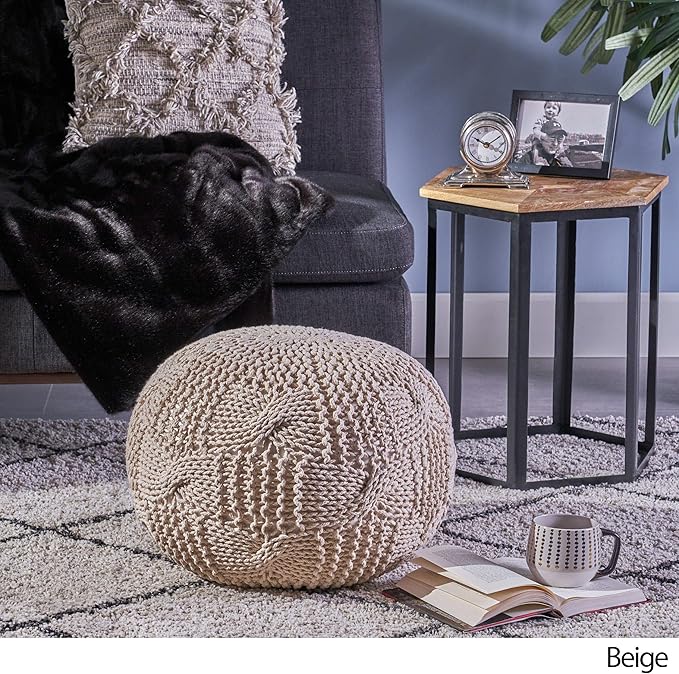 Christopher Knight Home Ansel Knitted Cotton Pouf, Beige