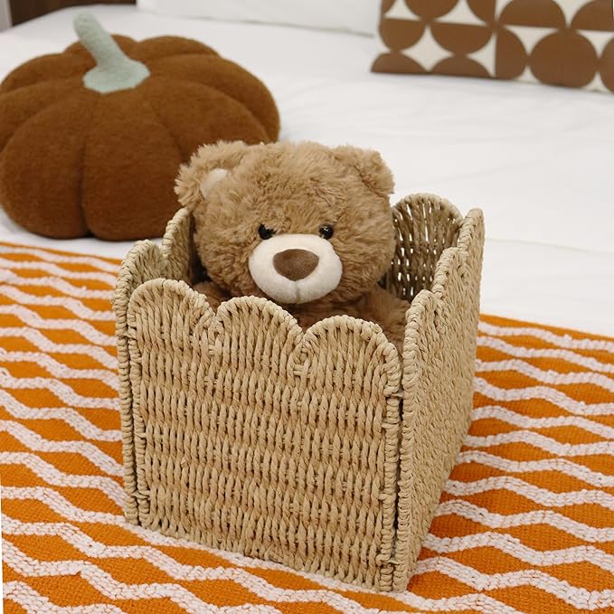 GYASVWU Paper Rope Scalloped Basket, Foldable Scalloped Storage Basket for Organizing, Woven Baskets for Storage,Wicker Baskets for Nursery/Living Room/Kitchen Organizing and Decor (Khaki)