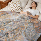 100% Cotton Boho Throw Blanket for Home Decor – Classic Farmhouse Quilt Bedding, Muslin Blankets for Adults, Vintage Woven Decorative Blanket for Couch, Bed Layering Use, Paisley Pattern, 90"x90"