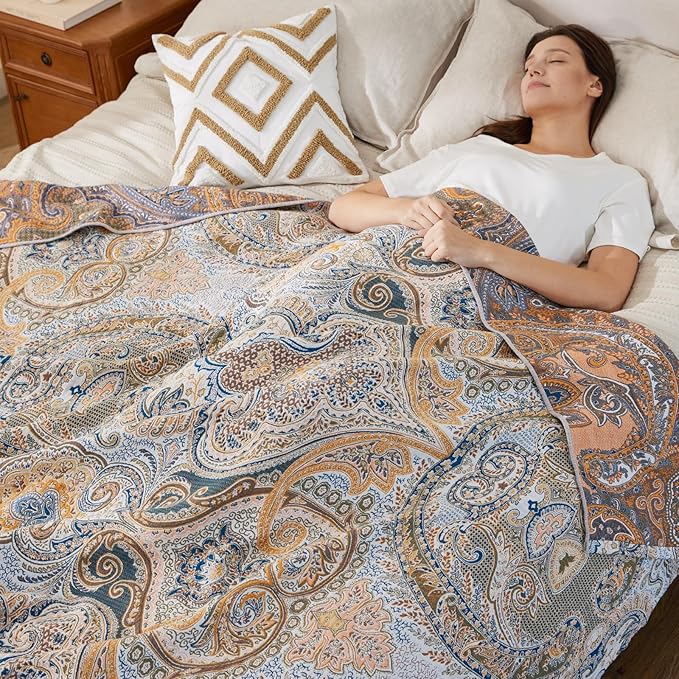 100% Cotton Boho Throw Blanket for Home Decor – Classic Farmhouse Quilt Bedding, Muslin Blankets for Adults, Vintage Woven Decorative Blanket for Couch, Bed Layering Use, Paisley Pattern, 90"x90"
