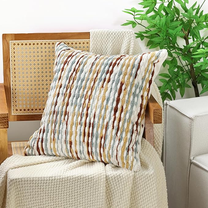 Boho Chenille Striped Pillow Cover 18x18 Inch, Decorative Pillow Cover for Couch Bed Sofa Living Room Bedroom Farmhouse Modern Home Decor Accent Pillowcases Set of 1, Multicolor