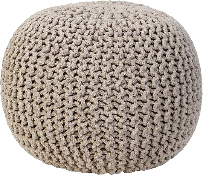 COZY TRENDS Hand Knitted Upholstered Pouf Cotton Braid Cord Cable Ottoman - Foot Stool - Accent Seat Furniture Bean Bag 18x18x14 Inches (Beige)