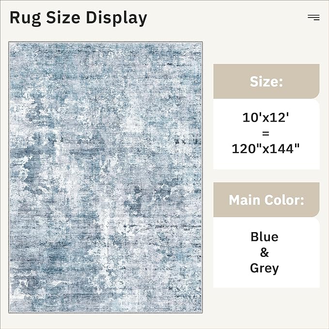 Area Rug 10x12 Vintage Washable Living Room Large Carpet Non Slip Bedroom Indoor Office Dining Room Low Pile Thin Rug Blue/Grey