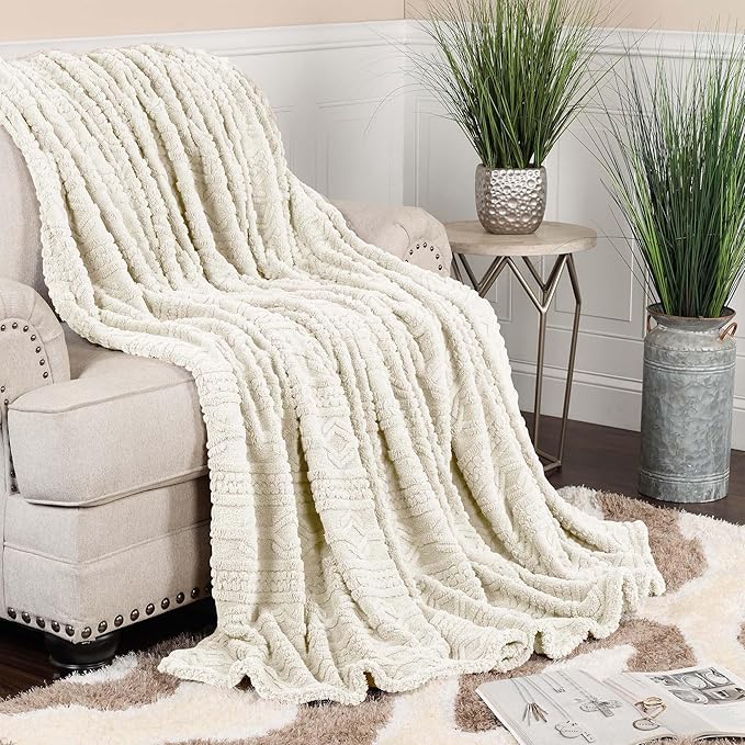 Superior Fleece Boho Jacquard Blanket, Decorative Blankets for Bedroom, Sofa, Fuzzy, Plush, Fluffy, Soft, Cute Room Decor, Beautiful Cover, Comfort Essentials, Arctic Collection, Throw, Ivory