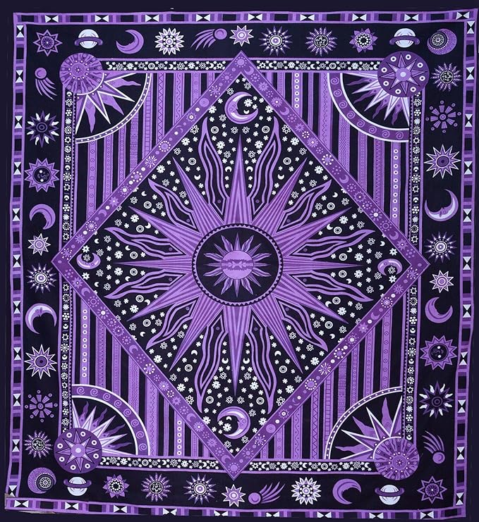 Popular Handicrafts Tapestry Wall Hanging Hippie Burning Sun Moon Bohemian Hippy Psychedelic Design Indian Tapestries Bedspread 84x90 Inches (215cm x 230cm) Purple