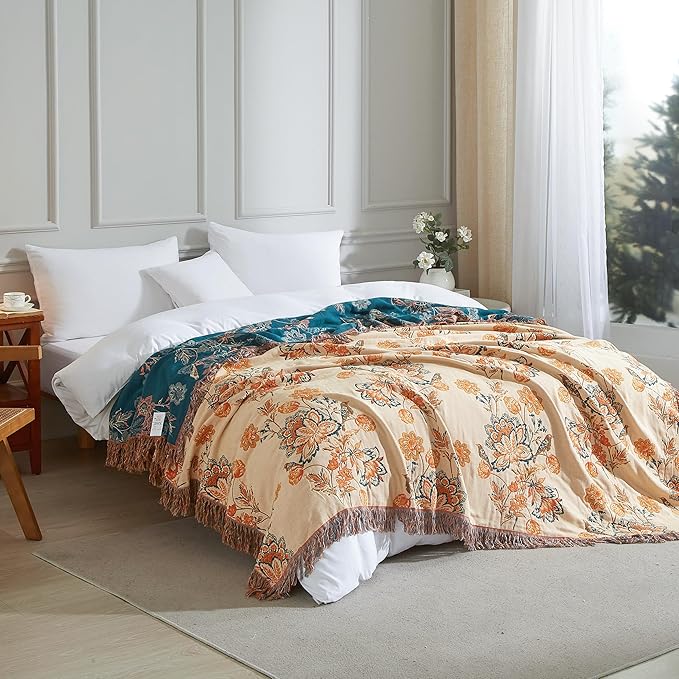 Boho Throw Blanket for Bed 60”x80”, 100% Cotton Woven Blanket for Couch Sofa, Ultra Soft 4-Layer Muslin Quilt with Floral Printed, Farmhouse Bed Blanket/Cover for Living Room Decor