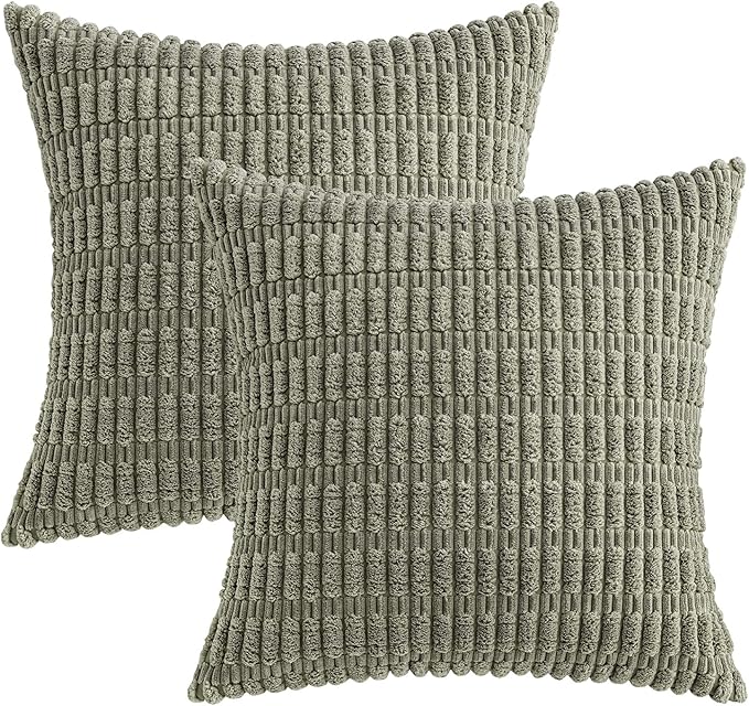 MIULEE Pack of 2 Corduroy Decorative Euro Sham Throw Pillow Covers 24x24 Inch Soft Boho Striped Pillow Covers Modern Farmhouse Home Decor for Summer Sofa Living Room Couch Bed Light Olive Green