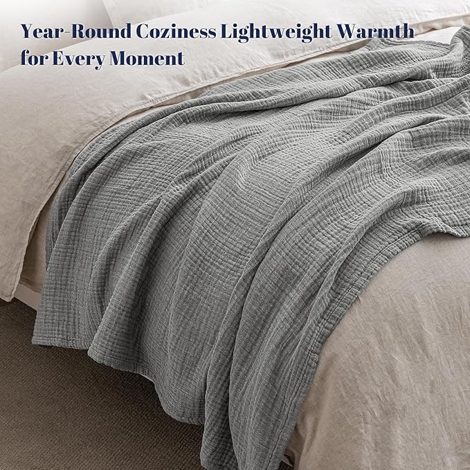 PHF 100% Cotton Muslin Blanket Queen Size 90"x90", 4-Layer Lightweight Gauze Throw, Breathable Cloud-Soft Minimalist Blanket for Bed, Couch, Camping & Baby, Grey, Ideal Gift