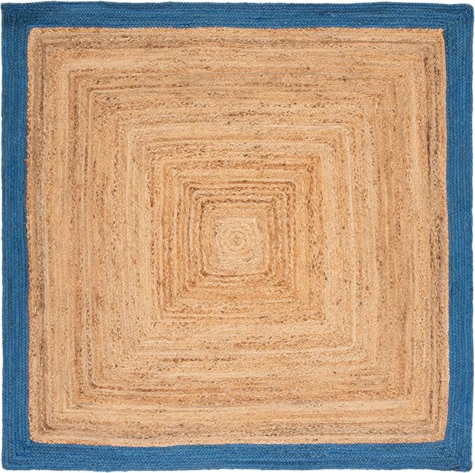 SAFAVIEH Natural Fiber Collection Area Rug - 6' Square, Natural & Blue, Handmade Flat Weave Boho Farmhouse Rustic Border Jute, Ideal for High Traffic Areas in Living Room, Bedroom (NFB852M)