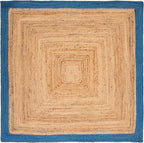 SAFAVIEH Natural Fiber Collection Area Rug - 6' Square, Natural & Blue, Handmade Flat Weave Boho Farmhouse Rustic Border Jute, Ideal for High Traffic Areas in Living Room, Bedroom (NFB852M)