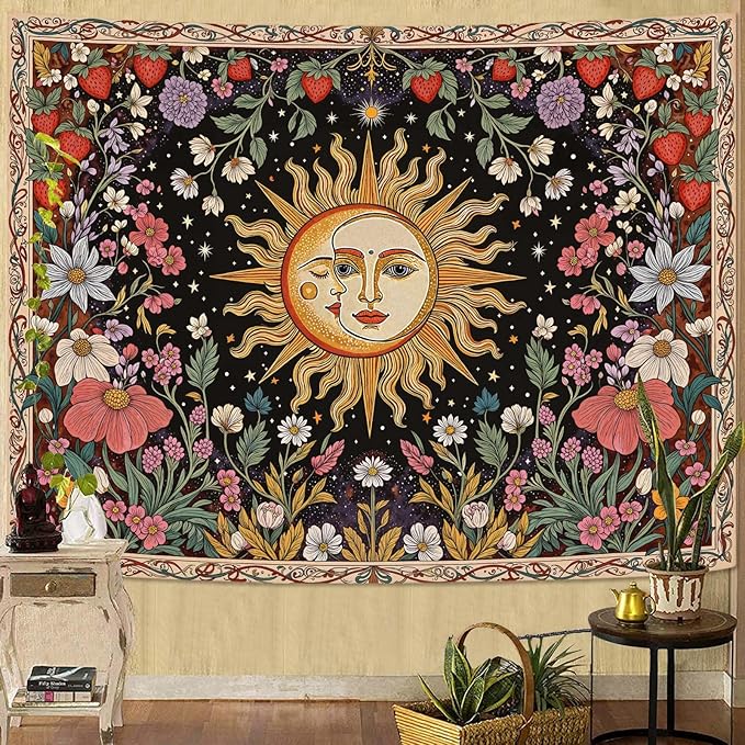 Accnicc Sun and Moon Tapestry Boho Vintage Floral Wall Tapestry for Bedroom Aesthetic Hippie Celestial Botanical Colorful Plant Small Tapestries Wall Hanging for Living Room Dorm 60 x 44 Inch