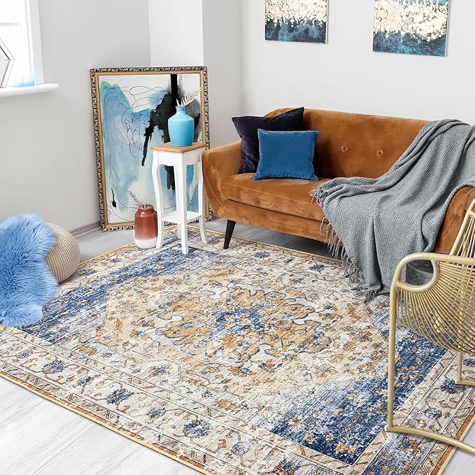 Amearea Vintage Design Area Rugs for Living Room, 5x8 Machine Washable Floral Collection Traditional Bedroom Rug, Low Pile Kids Room Print Carpet, No Slip Office Kitchen Home Decor, Blue and Orange