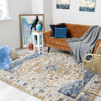 Amearea Vintage Design Area Rugs for Living Room, 5x8 Machine Washable Floral Collection Traditional Bedroom Rug, Low Pile Kids Room Print Carpet, No Slip Office Kitchen Home Decor, Blue and Orange