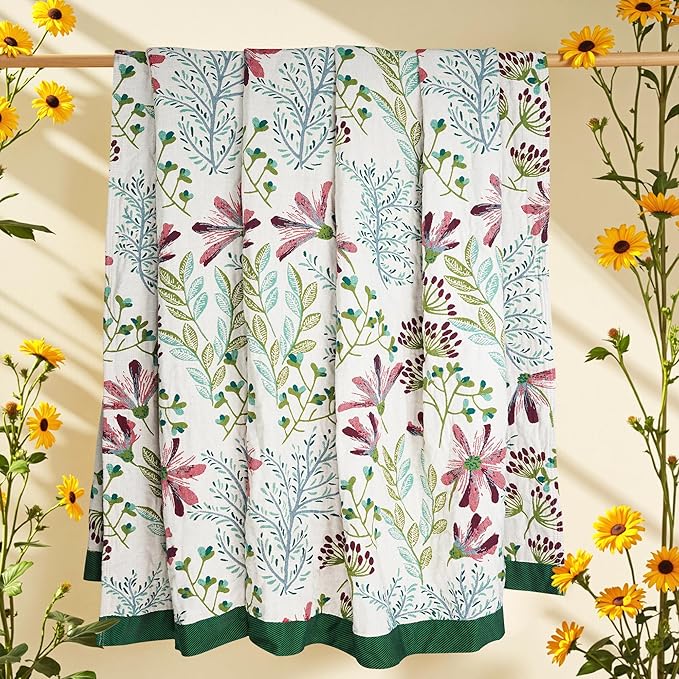 Boho Throw Blanket, 100% Organic Cotton Breathable Ultra Soft 91" x 98" Bed Quilt Throw - All Season Floral Rustic Farmhouse Decor Luxury Reversible Blanket for Sofa Couch Chair and Gift