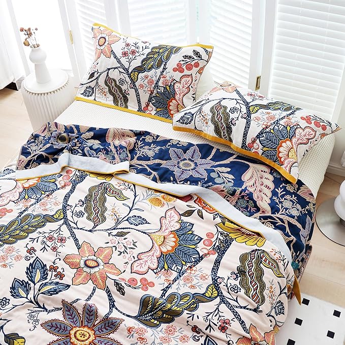 Scientific Sleep Boho Flower Blossom Farmhouse Retro Floral 100% Cotton Muslin Blanket Throw Cover for Bed Couch Sofa Cozy Soft Reversible Blanket Quilt Bedspread Coverlet Full Queen 80 in x 90 in