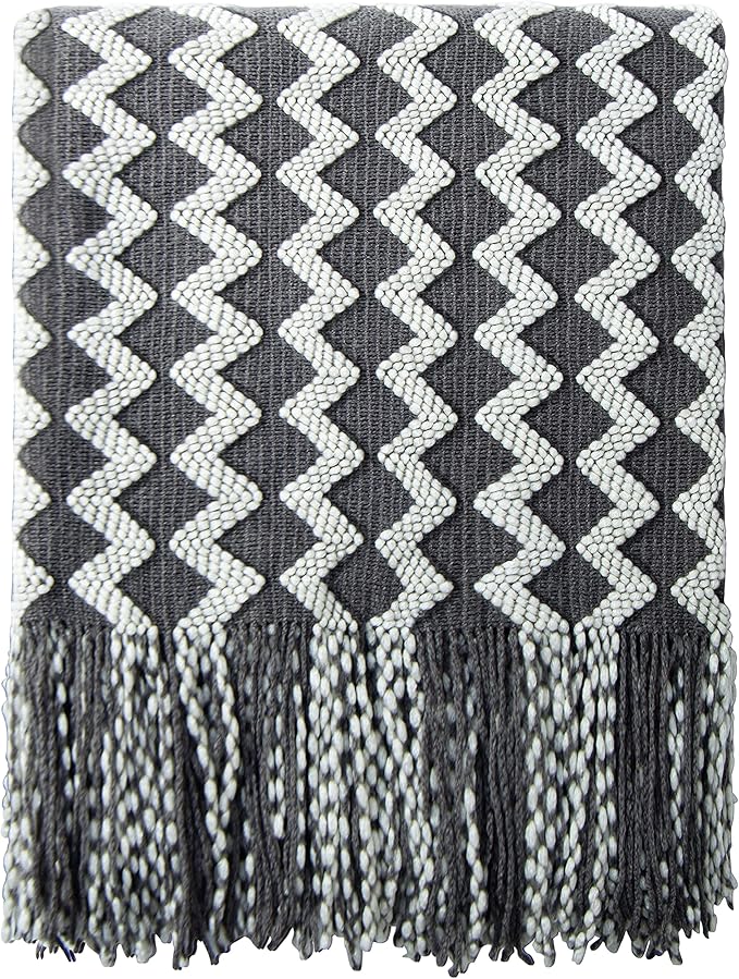 NTBAY Acrylic Knitted Throw Blanket, Lightweight and Soft Cozy Decorative Woven Blanket with Tassels for Travel, Couch, Bed, Sofa, 51x67 Inches, Grey Wave
