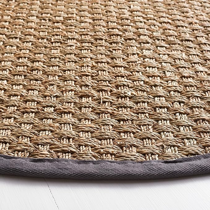 SAFAVIEH Area Rug 6' Round - Natural Fiber Collection - Natural & Dark Grey, Seagrass, Basketweave Pattern with Border (NF114Q)