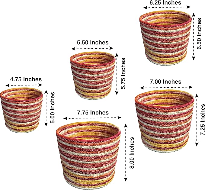 Planter Basket Set – 5-Piece Handwoven Jute Planter Basket for Home Decor, Nursery, or Indoor Plants (5'' to 8'' Diameter, 4.75'' to 7.75'' Height) – Fold & Wrinkle Free - Orange Sunset Stripe