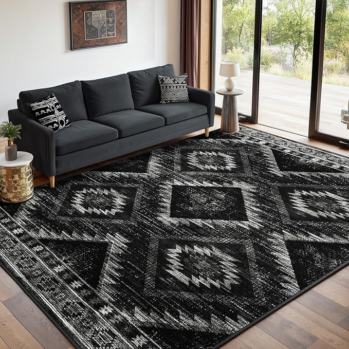 Area Rug 5x8 Rug Machine Washable Non-Slip Low Pile Print Pattern Western Rug for Living Room Bedroom Entryway Tribal Series-Black