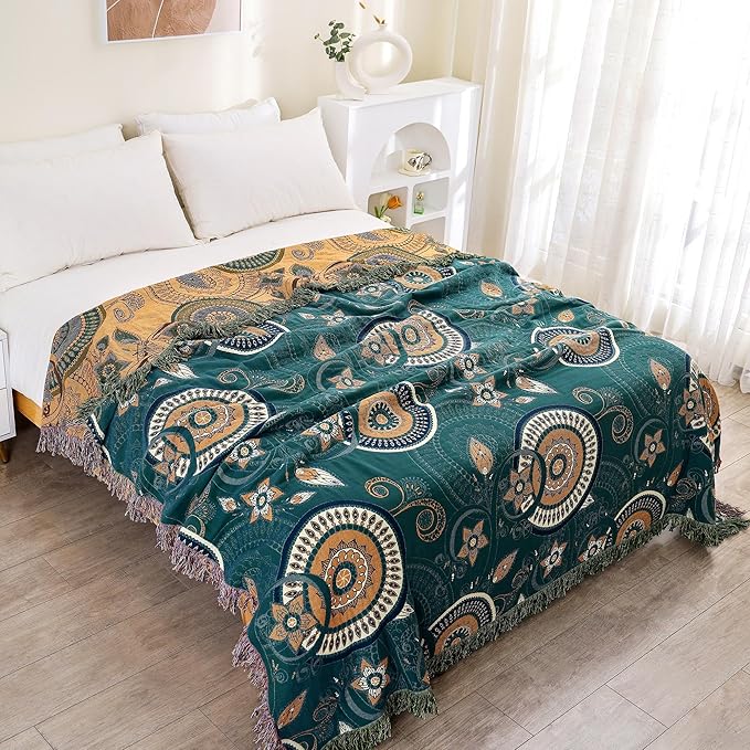 Boho Throw Blanket for Bed 100% Cotton Ultra Soft Rustic Quilt Farmhouse Decor Spring Bed Fall Blanket Large,All Season Rustic Throw for Sofa Couch Chair (Boho-Floral-O, 60"×80")