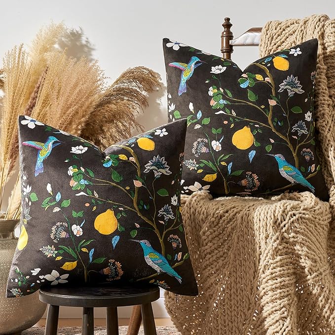 MUSSEL Brown Velvet Throw Pillow Covers 16x16 Pack of 2, Vintage Floral Pillow Covers, Mid Century Flower Plant Cushion Covers for Sofa Living Room Home Decor