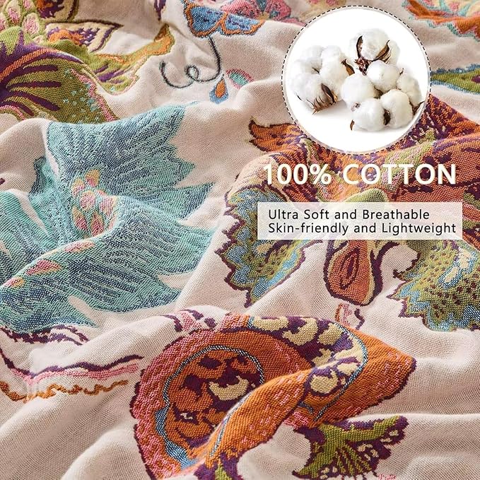 Boho Throw Blanket Farmhouse Decor Throw Blanket Bohemian Blanket for Bed 100% Cotton Muslin Woven Couch Blanket All Seasons Quilt Bedroom (Beige, 80"x90")