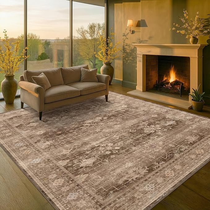 Taupe Brown 5x8 Rug for Living Room - Vintage Traditional Dark Neutral Geometric, Washable Foldable Non-Slip Area Rugs for Dining Under Table, Home Office, Guest Room