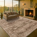 Gold Brown 8x12 Big Rugs for Living Room - Non Slip Washable Vintage Area Rug for Dining Room Under Table, Geometric Floral & Low Pile Boho Bedroom Decor