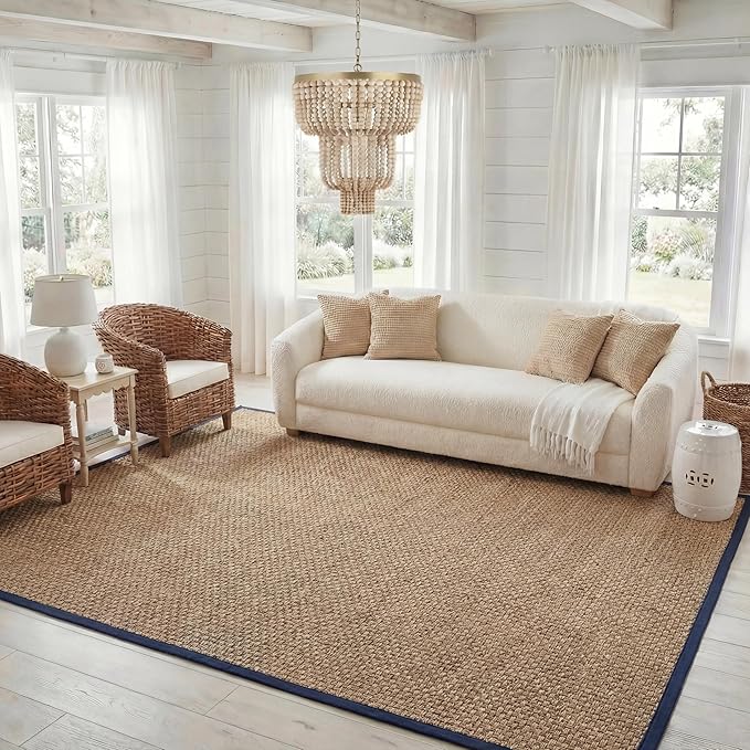 SAFAVIEH Area Rug 8x10 - Natural Fiber Collection - Large - Natural & Blue, Seagrass, Basketweave Pattern (NF114E)