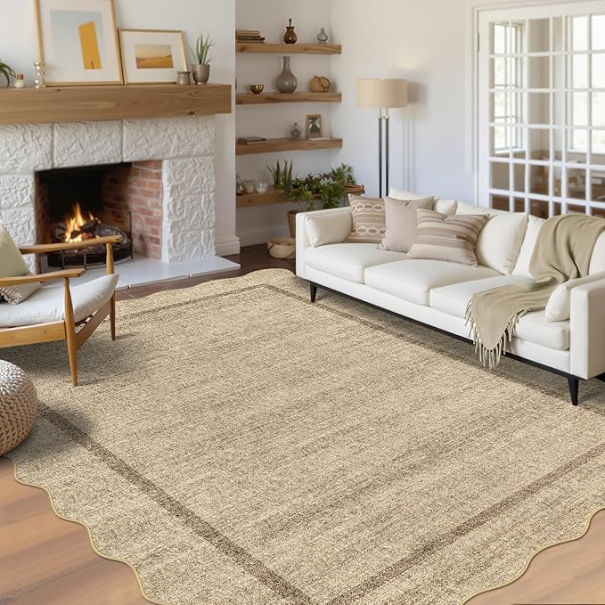 GarveeHome Scalloped Washable Area Rug 6x9 Rug for Living Room Modern Rug Non Slip Throw Rugs Large Rugs for Bedroom Low Pile Non Shedding Stain Resistant Carpet for Dining Room 6 ft x9 ft Jute