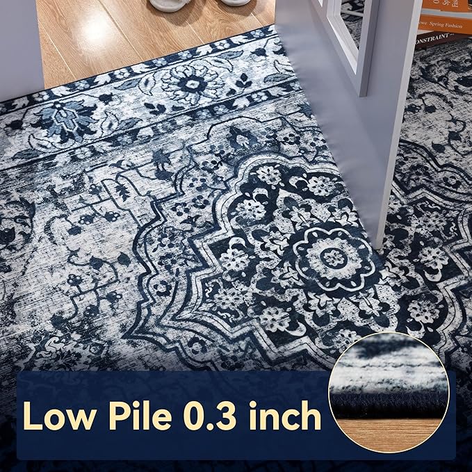 YJ.GWL Area Rugs for Living Room 6x9 Machine Washable Rugs, Non Slip Floral Vintage Rug Indoor Carpet, Stain Resistant Large Rug for Bedroom Dining Room, Navy Blue