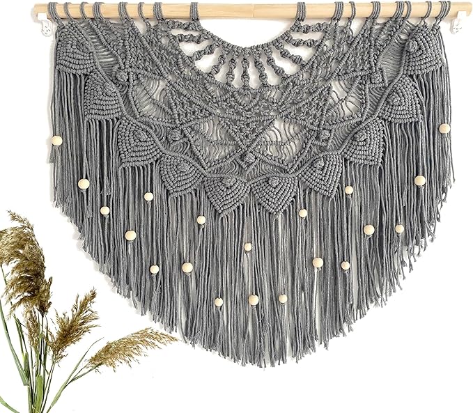 Youngeast Large Macrame Wall Hanging Boho Beaded Curtain for Window Macrame Bedroom Headboard Living Room Wall Art Tassel Tapestry Bohemian Woven Wall Decor 31" W X 25" H (Grey)