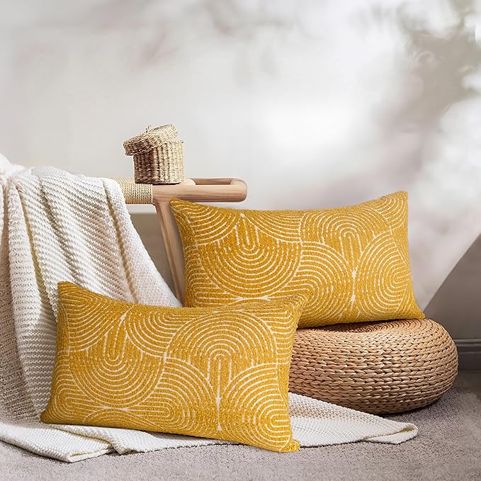 AELS Boho Decorative Textured Throw Pillow Covers 12x20, Organic Modern Mid Century Rainbow Tufted Pillow Case, Farmhouse Rustic Geometric Woven Cushion Case for Bed Couch Sofa, Mustard Yellow