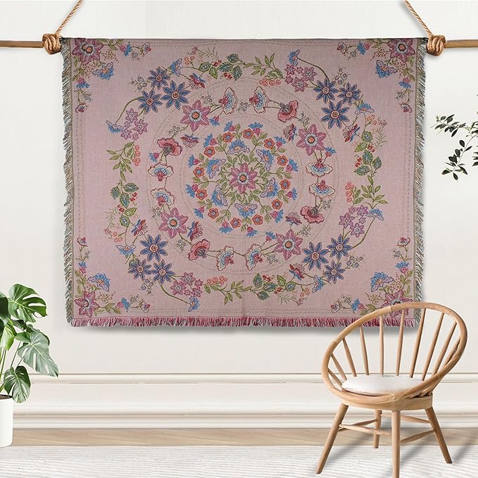Mandala Flower Boho Throw Blanket for Couch Bed Chair Lounge Hippie Room Decor Reversible Cotton Woven Whimsical Throw Blanket Witchy Room Decor Throws Bed Spread Outdoor Camping Blanket 51x59 Inches