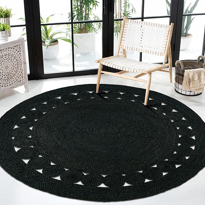 Hand Woven Braided Jute Rug - 5' Round - Black Reversible Farmhouse Rugs for Living Room, Bedroom, Dining Room, Kitchen - Natural Decorative Floor Boho Entry Area Rugs - Round Rug 5ft