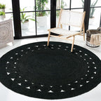 Hand Woven Braided Jute Rug - 5' Round - Black Reversible Farmhouse Rugs for Living Room, Bedroom, Dining Room, Kitchen - Natural Decorative Floor Boho Entry Area Rugs - Round Rug 5ft