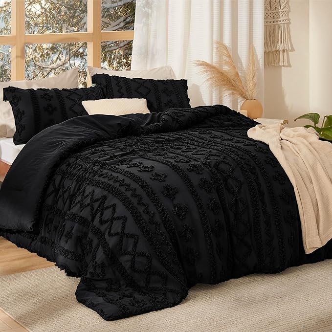Bedsure Tufted Boho Comforter Set King Size - Black Boho Bed Set, GentleSoft™ 3 Pieces Farmhouse Shabby Chic Embroidery Bedding, Gifts for Woman, Soft Jacquard King Comforter for All Seasons