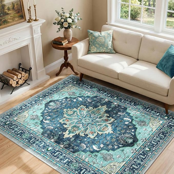 Area Rugs 4'x6' Washable Non-Slip, Floral Vintage Distress Print Pattern Medallion Carpet for Living Room Bedroom Dining Room, Teal Green Lake Blue Turquoise
