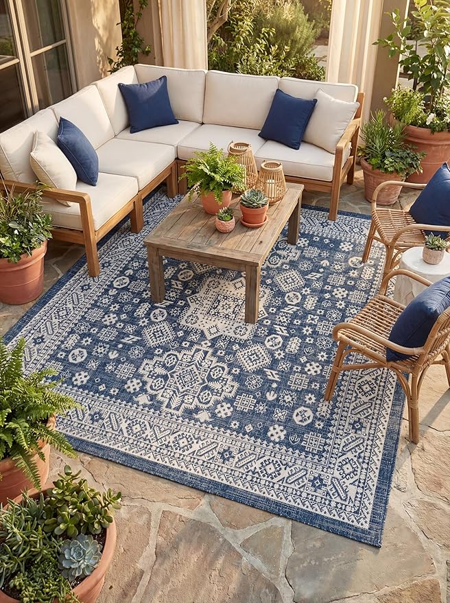 Rugs.com Outdoor Aztec Collection Rug – 5 Ft Square Blue Flatweave Rug Perfect for Living Rooms, Kitchens, Entryways