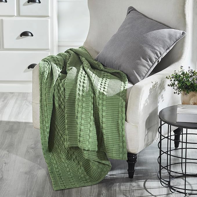 VHC Brands 100% Cotton Waffle Weave Olive Green Throw 50x60, Decorative Cotton Throw Blanket, Boho Farmhouse Bedroom, Living Room Decor for Bed, Couch, or Sofa