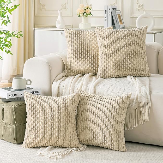 Set of 4 Beige Decorative Throw Pillow Covers 18x18 Inch Corduroy Pillow Covers for Bed Couch Sofa Living Room Soft Square Cushion Cases