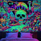 Zussun Blacklight Hippie Skull Mushroom Tapestry for Bedroom Aesthetic Hippy Forest Skeleton Monster Tapestries Wall Hanging Glow in The Dark Wall Tapestry for Living Room Dorm 90 × 68 Inch