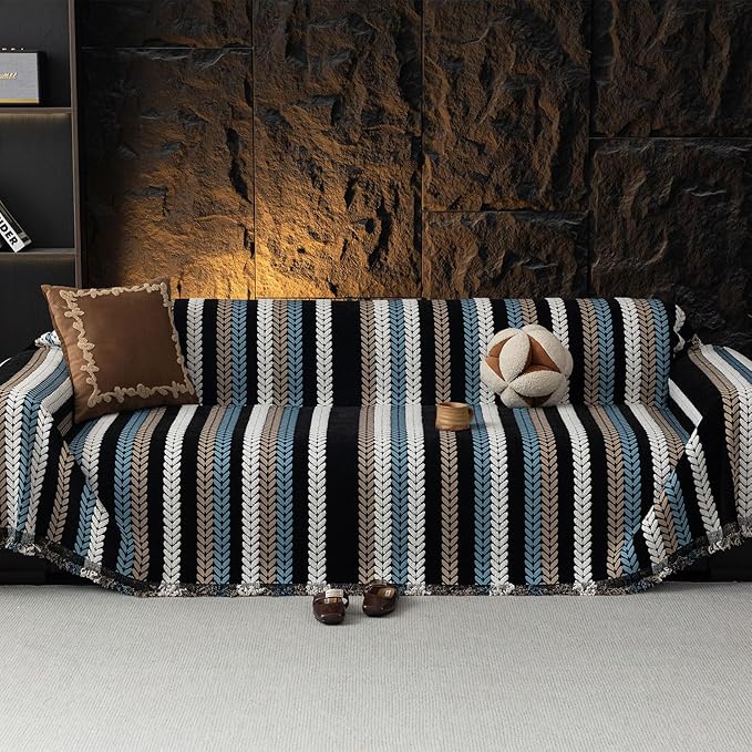 VClife Couch Cover for Sofa, Chenille Sofa Cover for Dog Modern Stripe Couch Cover for 2 Cushion Couch Sofa, Non Slip Furniture Protector Pet Couch Slipcover with Tassel, Black, 71''x118''