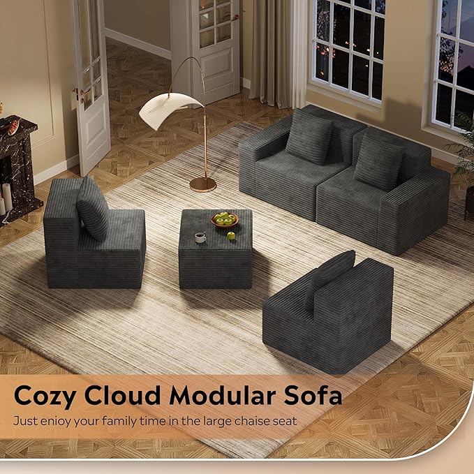 WLIVE 32'' Middle Sofa Seat of Cloud Sectional Couches for Living Room, Boneless Armless Chair, Memory Foam Corduroy, Grey