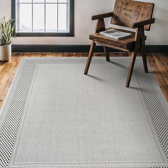 CAMILSON Easy Jute Rug 5x7, Indoor Outdoor Off-White Color Fiber Area Rugs for Living Room Patio and Kitchen Rug Bordered Boho Woven Design, Easy-Cleaning, Washable Outside Carpet (5 x 7)